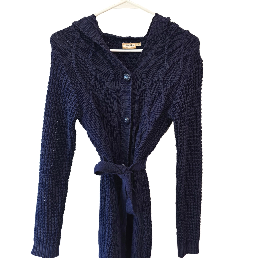 Navy blue button up knitted cardigan with hood and tie belt Size Medium